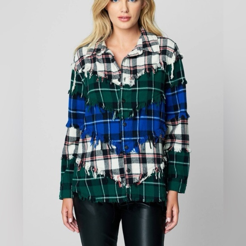 Blank NYC Double Dare Mixed Plaid Pieced Patchwork Flannel Fringe Button Down